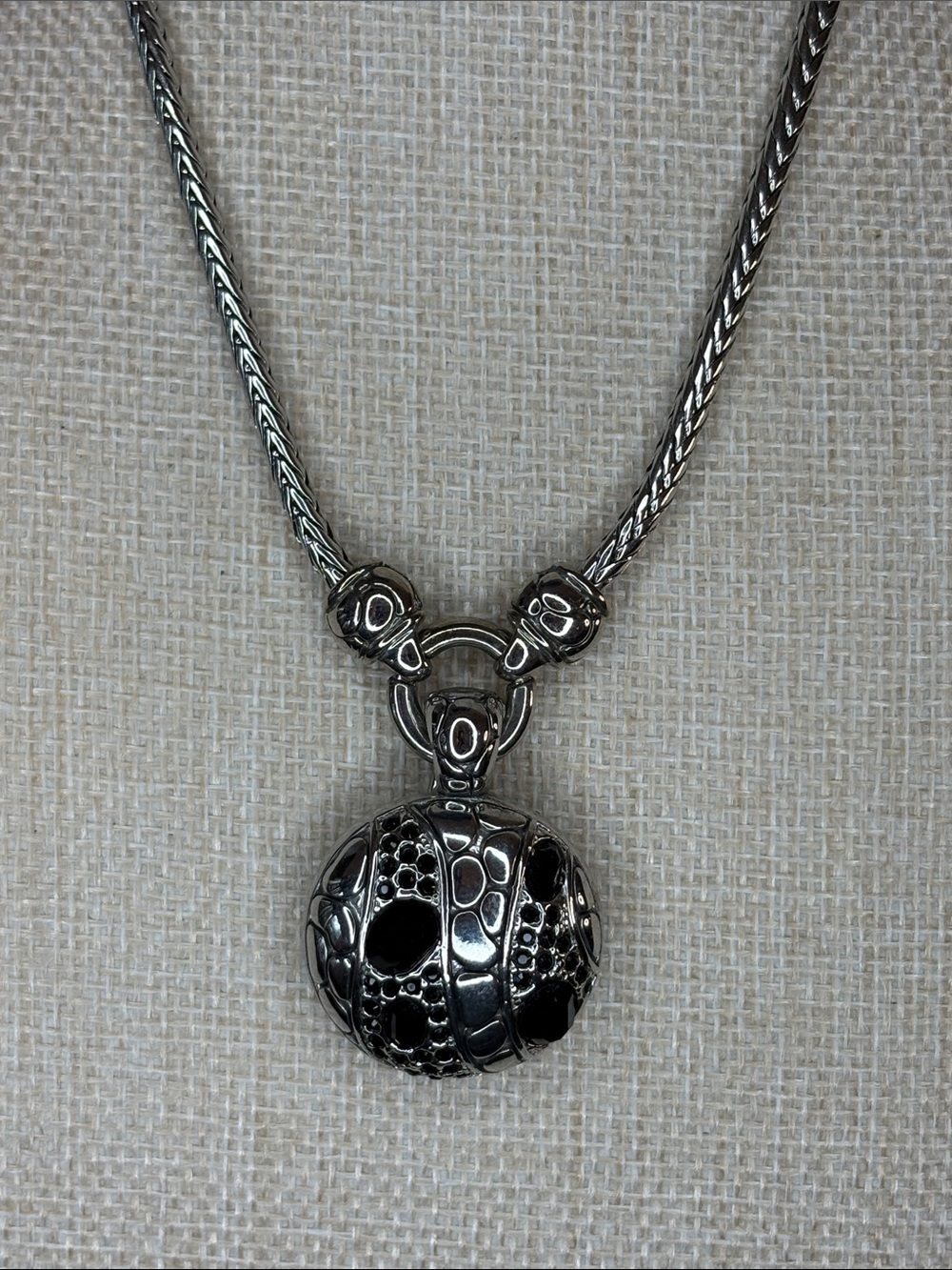 Silver Tone Black Pave Round Pendant Necklace